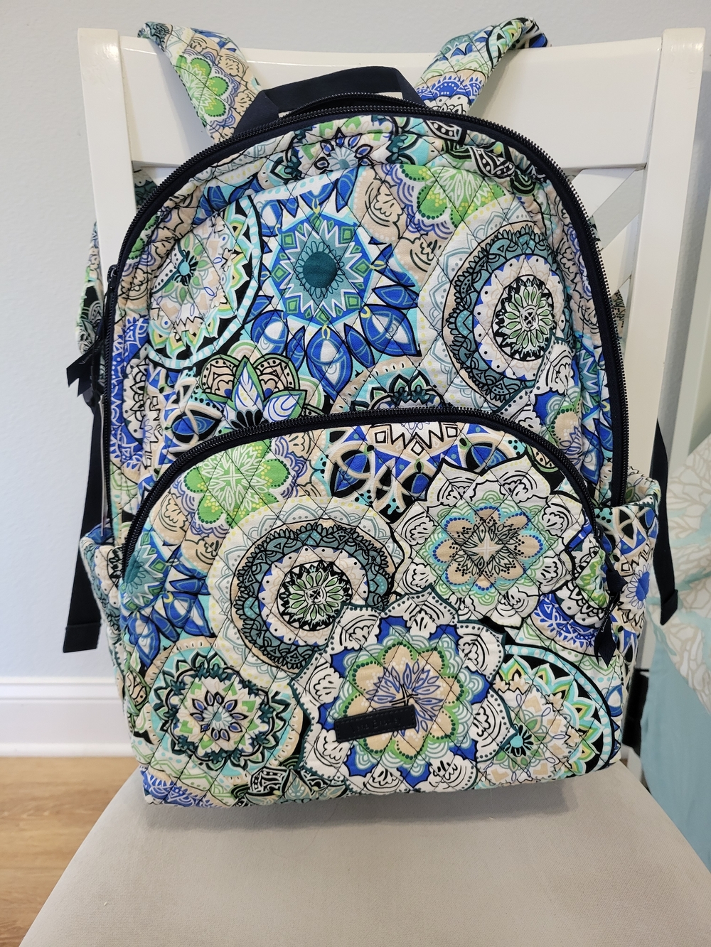 Quilted Floral Mandala Backpack - Blue/Green with interior Laptop Sleeve